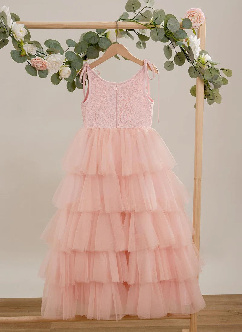 TinyTulle Pink Lace Sleeveless Layered Tulle Flower Girl Dress