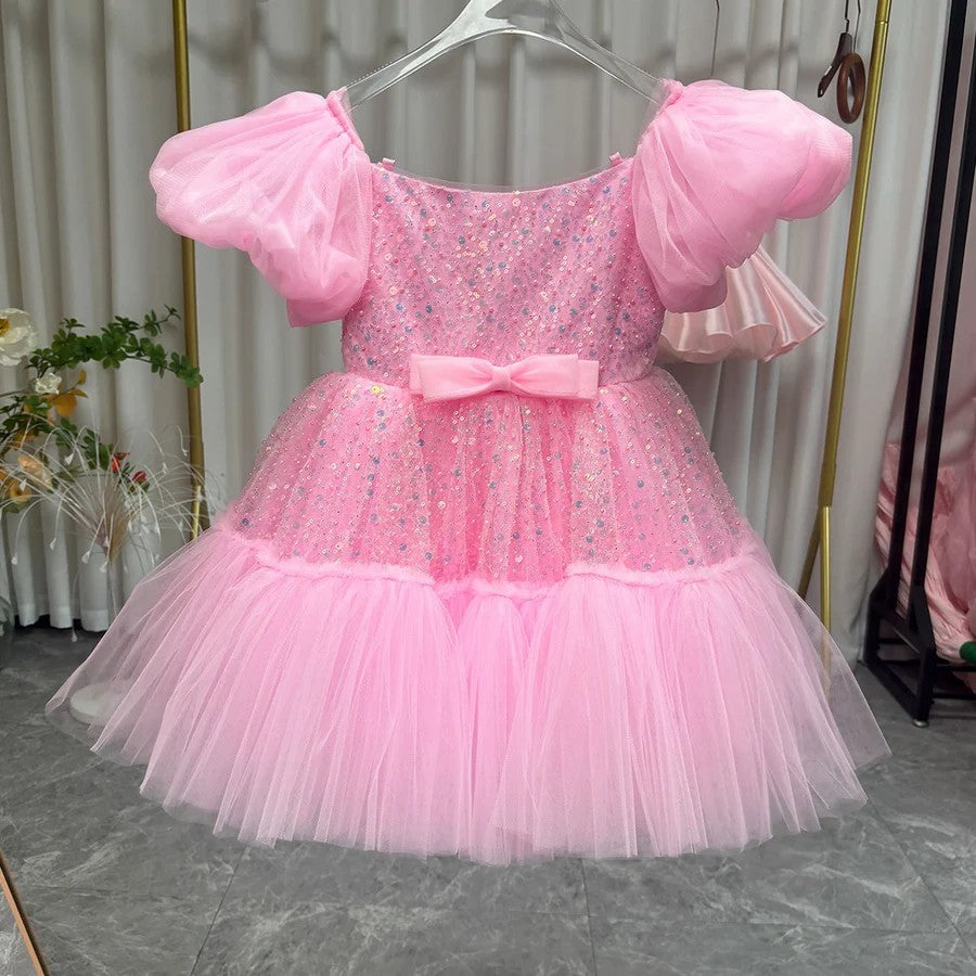 TinyTulle Elegant Pink Puff Sleeve Sequin Tulle Princess Flower Girl Dress with Bow