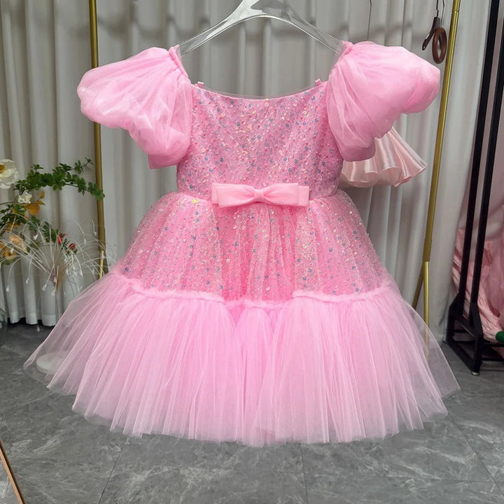 TinyTulle Elegant Pink Puff Sleeve Sequin Tulle Princess Flower Girl Dress with Bow