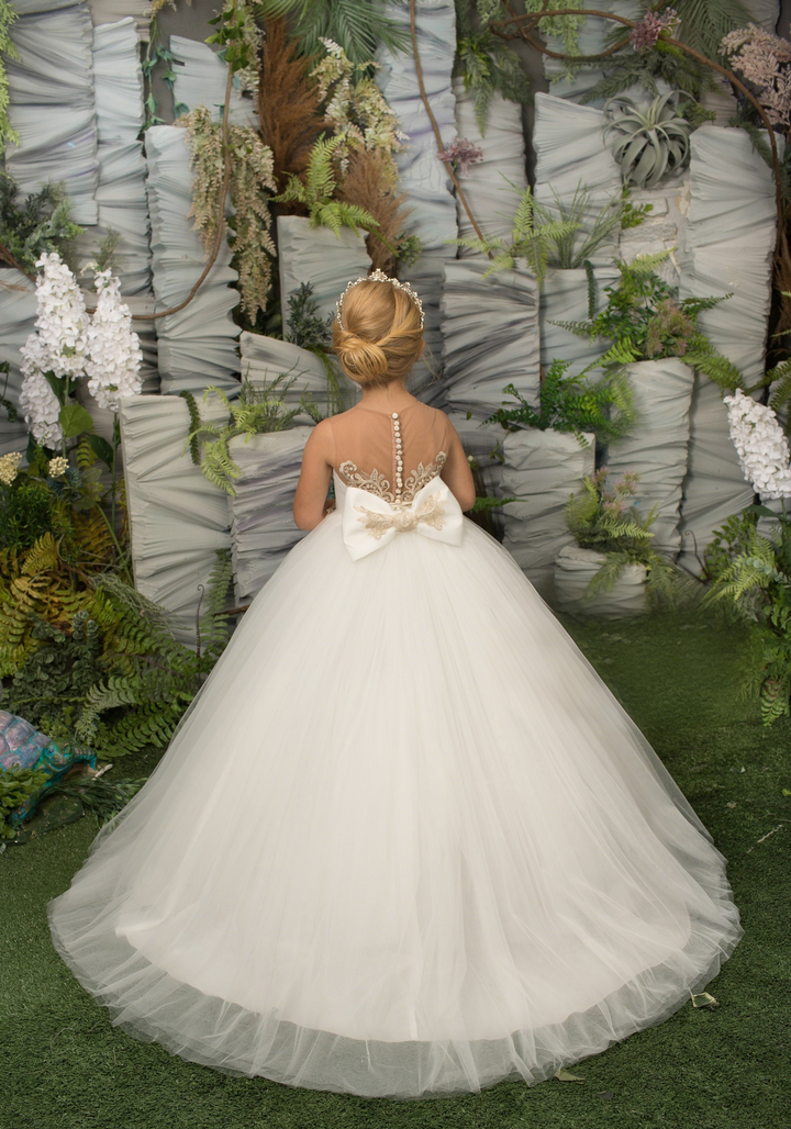 TinyTulle Ivory &amp; Gold Lace Tulle Flower Girl Dress for Special Occasions
