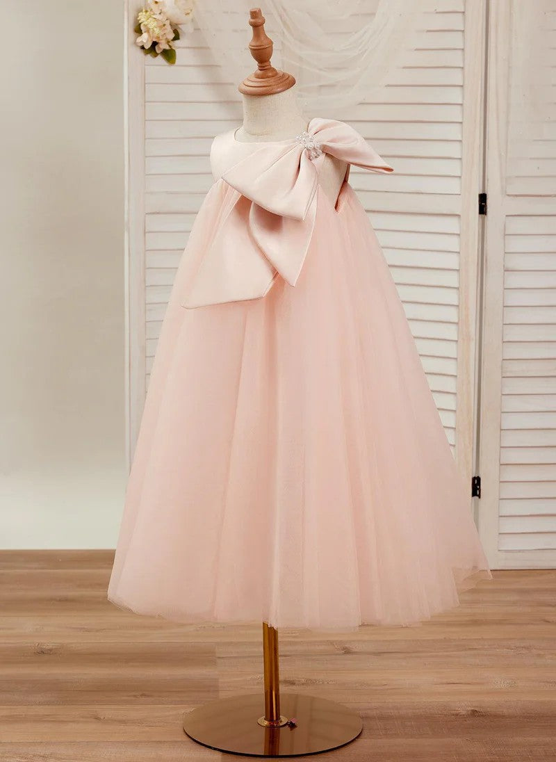 TinyTulle Elegant Pink Sleeveless A-Line Flower Girl Dress with Oversized Satin Bow