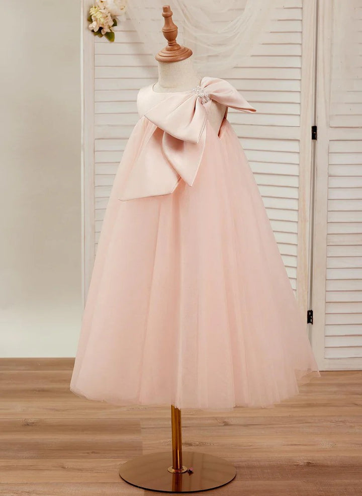 TinyTulle Elegant Pink Sleeveless A-Line Flower Girl Dress with Oversized Satin Bow