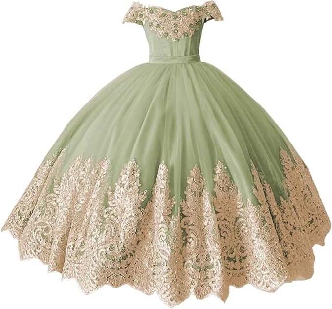 TinyTulle Off-Shoulder Gold Lace Applique Tulle Ball Gown Flower Girl Dress