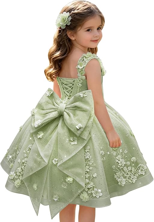 TinyTulle Exquisite 3D Floral Lace Appliqué Flower Girl Dress with Oversized Bow