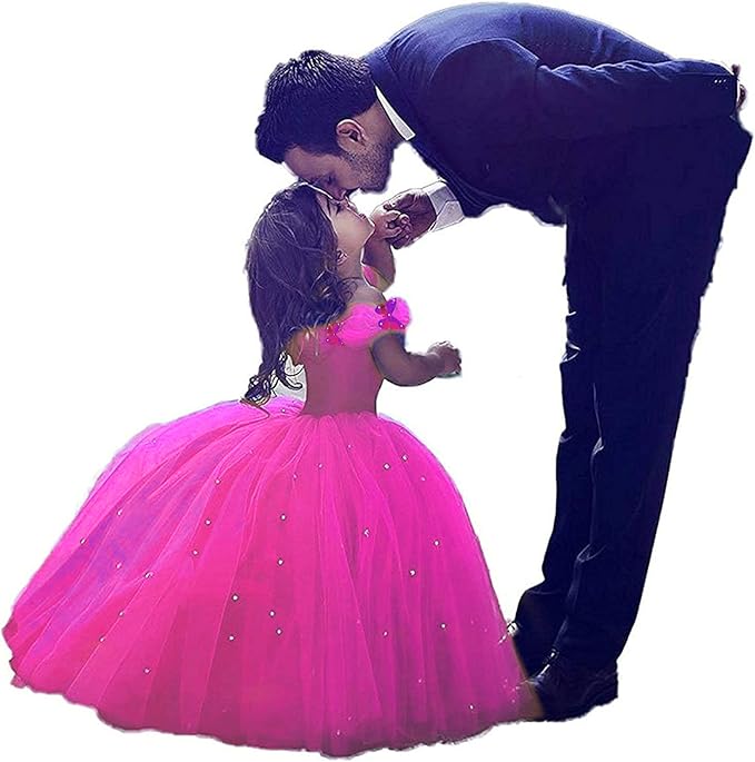 TinyTulle Royal Blue Off-Shoulder Tulle Flower Girl Dress with Beaded