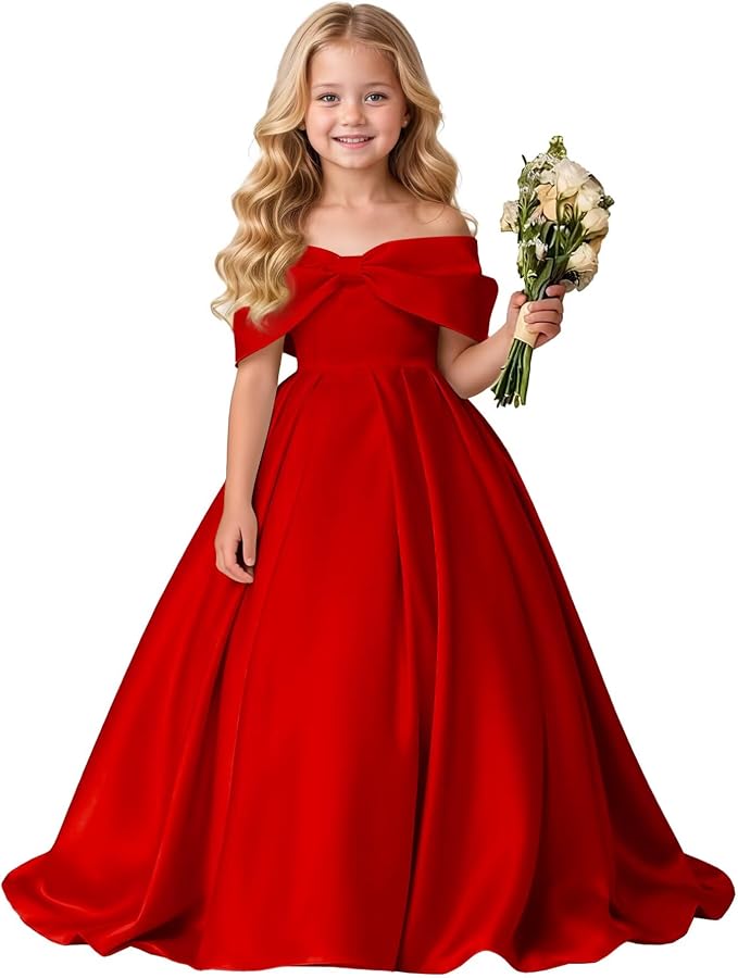 TinyTulle Elegant Off Shoulder Satin Princess Flower Girl Dress for Wedding