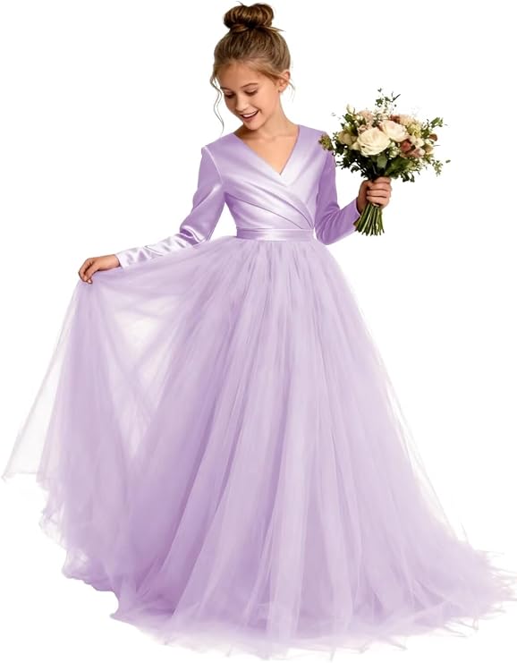 TinyTulle Elegant Long Sleeve Satin Tulle Princess Flower Girl Formal Gown
