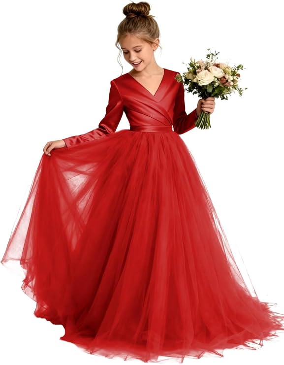 TinyTulle Elegant Long Sleeve Satin Tulle Princess Flower Girl Formal Gown