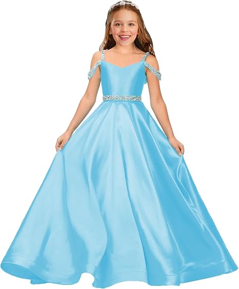 TinyTulle Satin Rhinestone Flower Girl Princess Gown for Weddings &amp; Pageant
