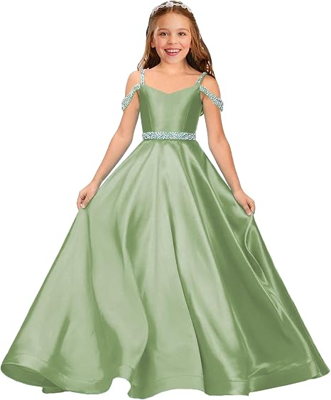 TinyTulle Satin Rhinestone Flower Girl Princess Gown for Weddings &amp; Pageant
