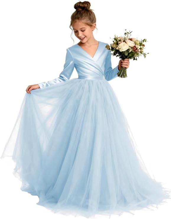 TinyTulle Elegant Long Sleeve Satin Tulle Princess Flower Girl Formal Gown