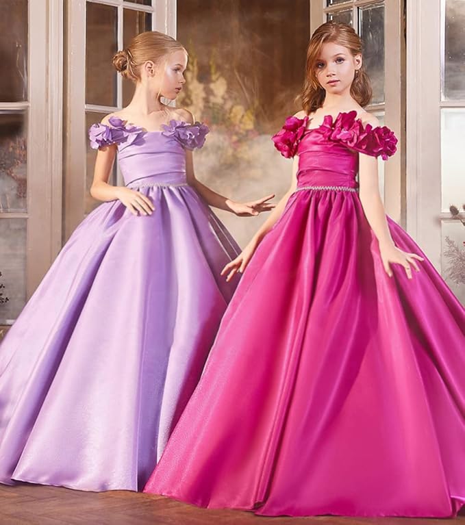 TinyTulle Fuchsia Pink Satin Flower Girl Dress with Off-Shoulder Floral Sleeves