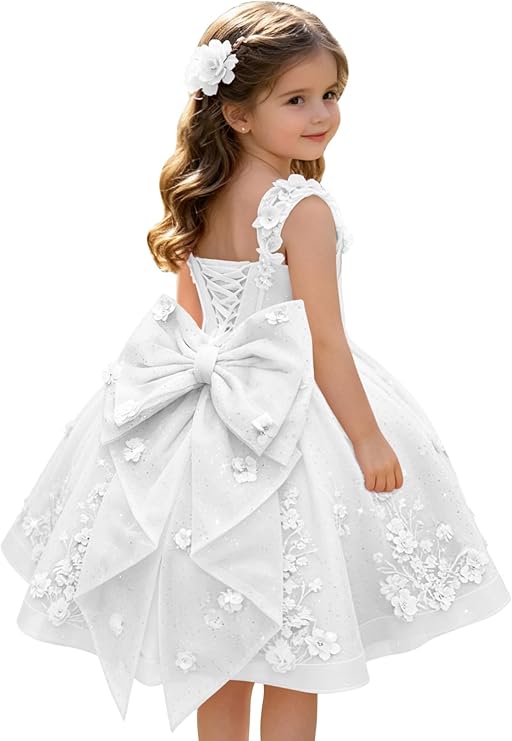 TinyTulle Exquisite 3D Floral Lace Appliqué Flower Girl Dress with Oversized Bow