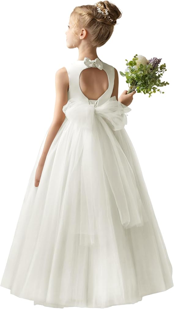 TinyTulle Champagne Satin Tulle A-Line Flower Girl Dress with Bow