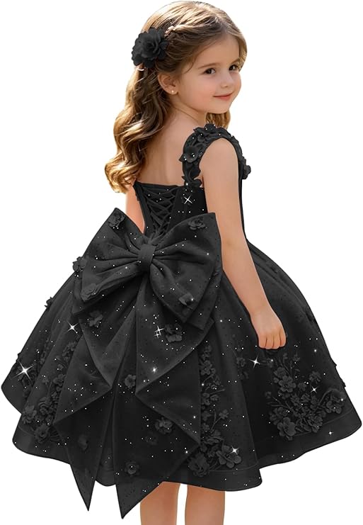 TinyTulle Exquisite 3D Floral Lace Appliqué Flower Girl Dress with Oversized Bow