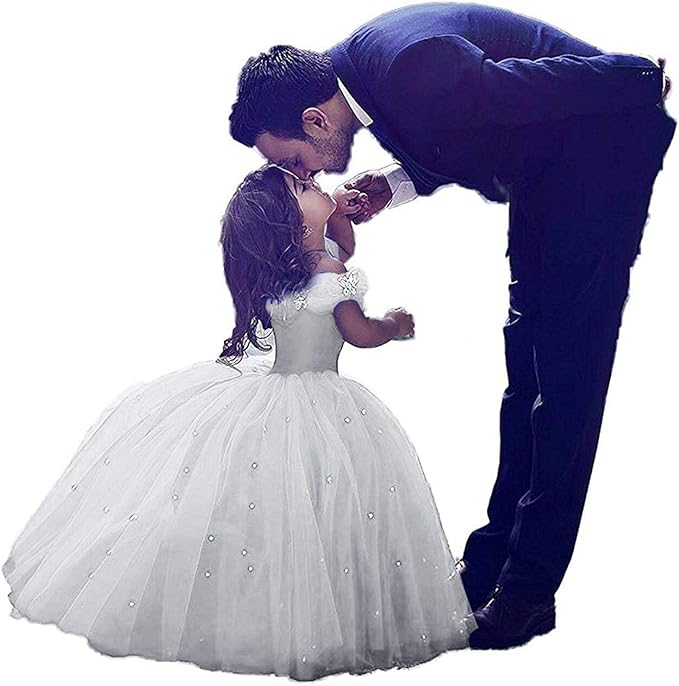TinyTulle Royal Blue Off-Shoulder Tulle Flower Girl Dress with Beaded