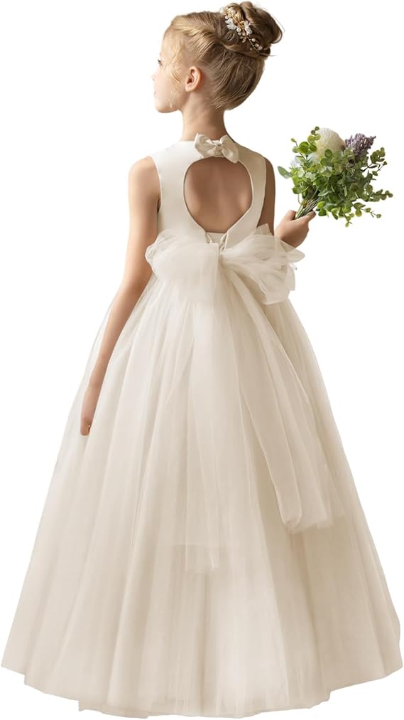 TinyTulle Champagne Satin Tulle A-Line Flower Girl Dress with Bow