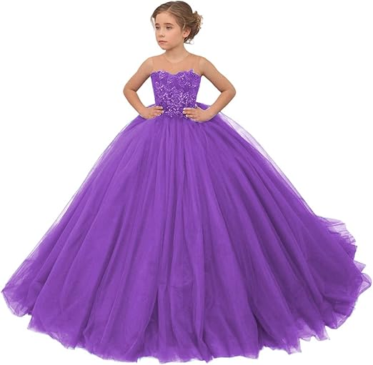 TinyTulle Burgundy Sleeveless Lace Applique Tulle Ball Gown Flower Girl Dress