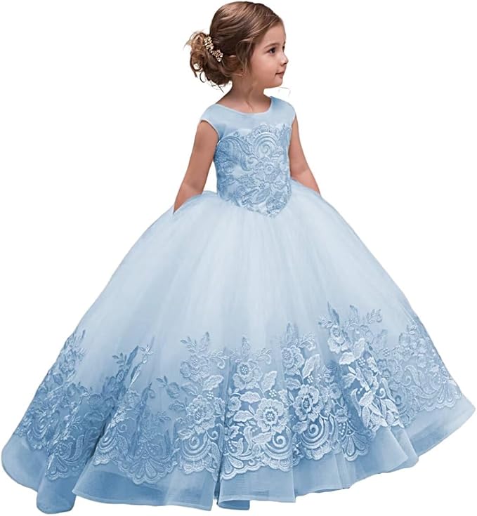TinyTulle Elegant Champagne Floral Appliqué Tulle Flower Girl Dress with Bow