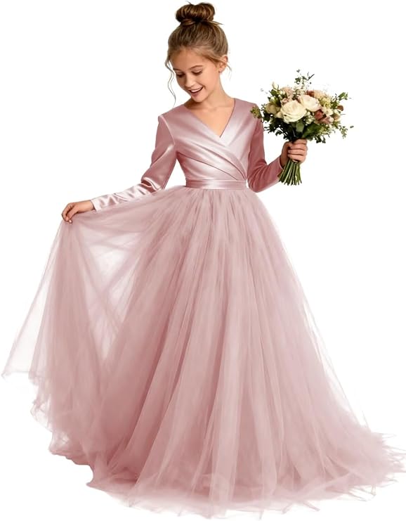 TinyTulle Elegant Long Sleeve Satin Tulle Princess Flower Girl Formal Gown