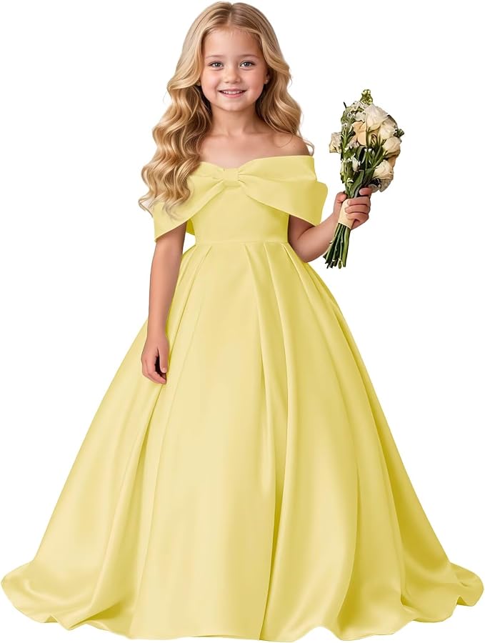TinyTulle Elegant Off Shoulder Satin Princess Flower Girl Dress for Wedding