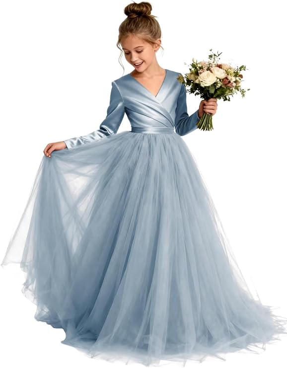 TinyTulle Elegant Long Sleeve Satin Tulle Princess Flower Girl Formal Gown
