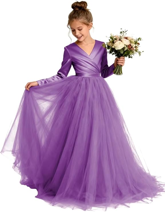 TinyTulle Elegant Long Sleeve Satin Tulle Princess Flower Girl Formal Gown