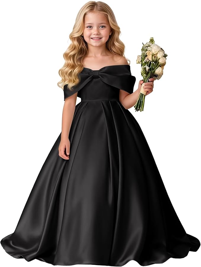 TinyTulle Elegant Off Shoulder Satin Princess Flower Girl Dress for Wedding