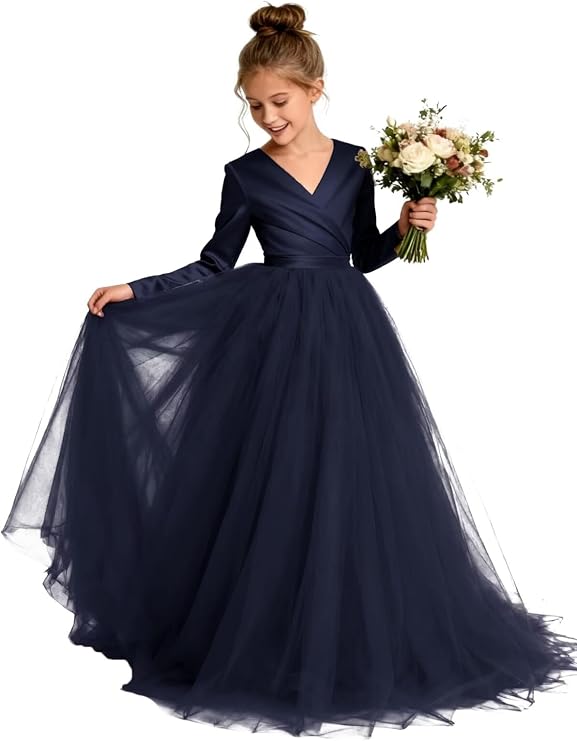 TinyTulle Elegant Long Sleeve Satin Tulle Princess Flower Girl Formal Gown