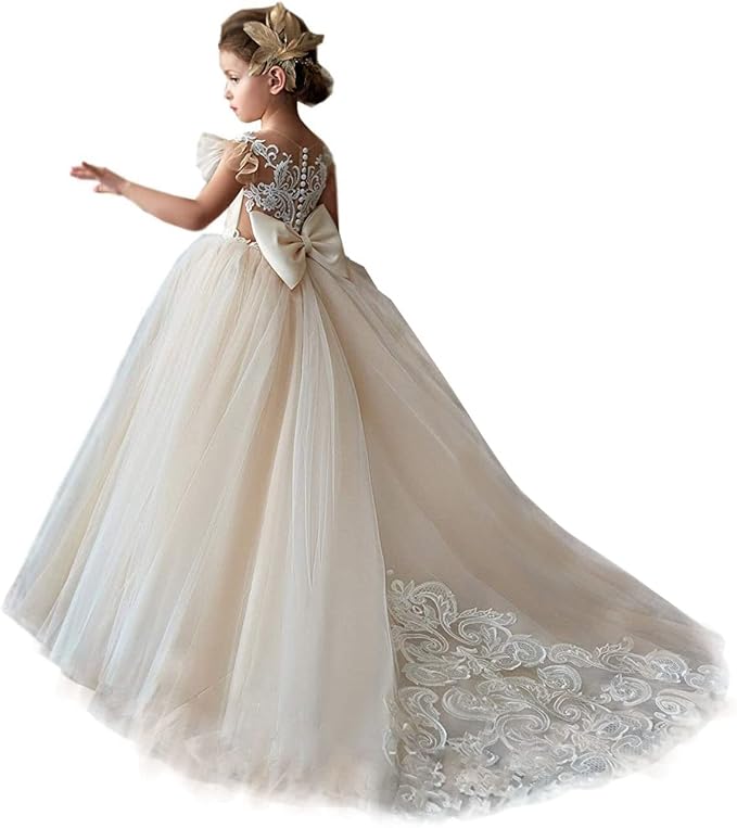 TinyTulle White Lace Tulle Cap Sleeve Ball Gown Flower Girl Dress with Satin Bow for Wedding