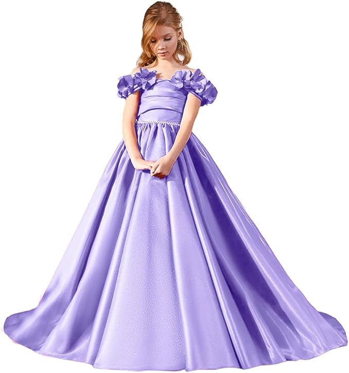 TinyTulle Fuchsia Pink Satin Flower Girl Dress with Off-Shoulder Floral Sleeves