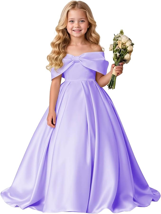 TinyTulle Elegant Off Shoulder Satin Princess Flower Girl Dress for Wedding