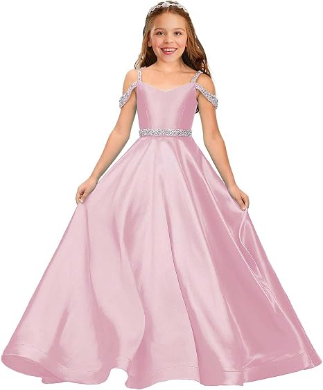 TinyTulle Satin Rhinestone Flower Girl Princess Gown for Weddings &amp; Pageant