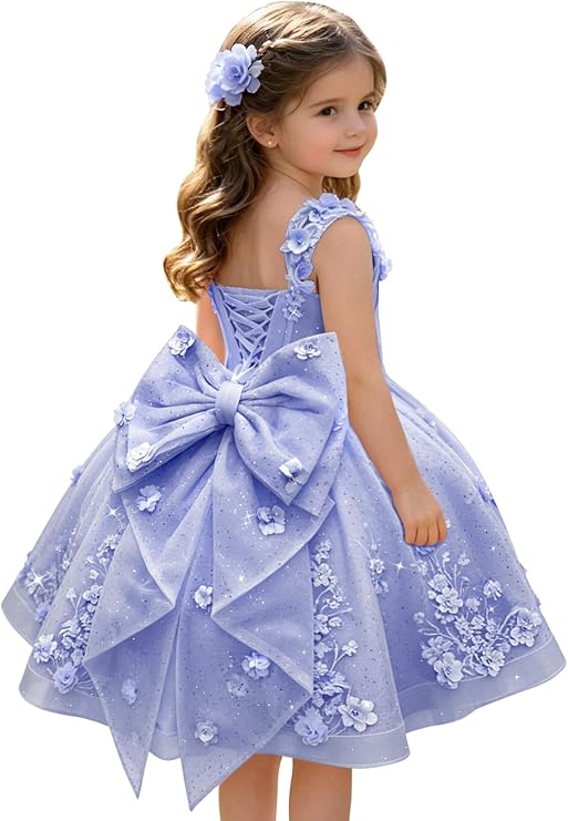 TinyTulle Exquisite 3D Floral Lace Appliqué Flower Girl Dress with Oversized Bow