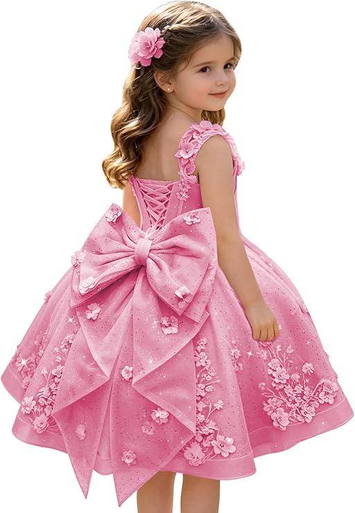 TinyTulle Exquisite 3D Floral Lace Appliqué Flower Girl Dress with Oversized Bow