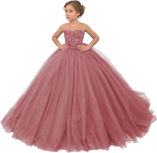 TinyTulle Burgundy Sleeveless Lace Applique Tulle Ball Gown Flower Girl Dress