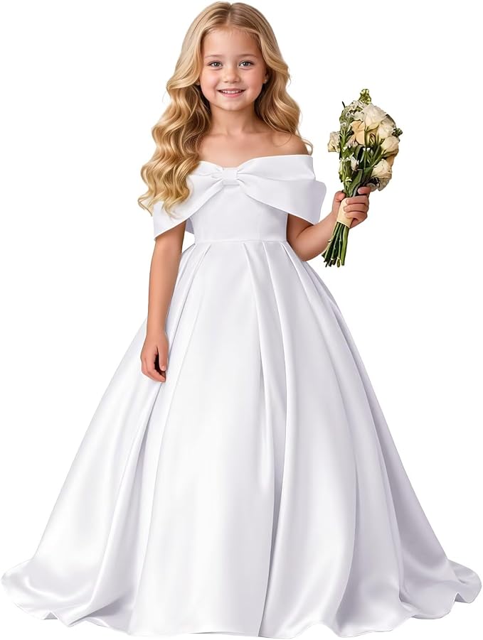 TinyTulle Elegant Off Shoulder Satin Princess Flower Girl Dress for Wedding