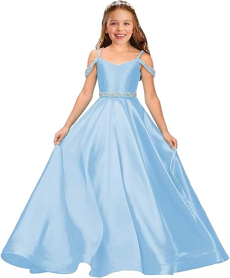 TinyTulle Satin Rhinestone Flower Girl Princess Gown for Weddings &amp; Pageant