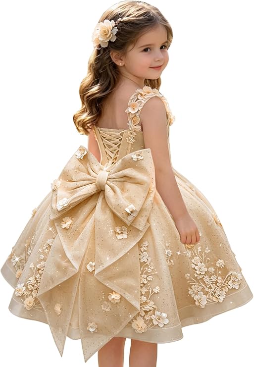 TinyTulle Exquisite 3D Floral Lace Appliqué Flower Girl Dress with Oversized Bow