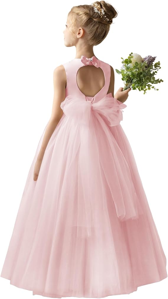 TinyTulle Champagne Satin Tulle A-Line Flower Girl Dress with Bow