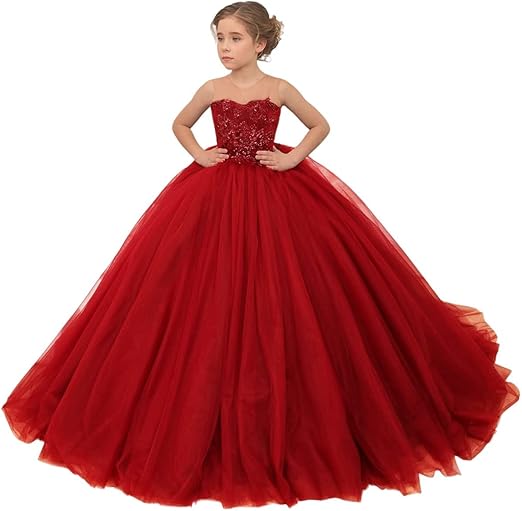 TinyTulle Burgundy Sleeveless Lace Applique Tulle Ball Gown Flower Girl Dress