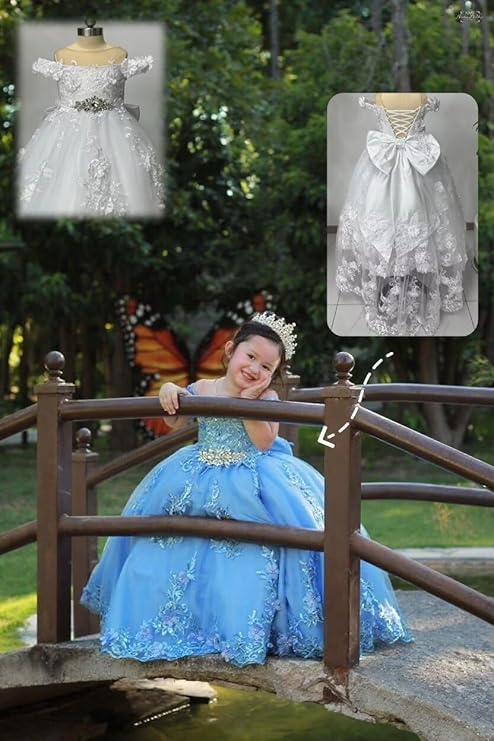 TinyTulle Blue Off Shoulder Floral Lace Applique Tulle Flower Girl Dress with Bow