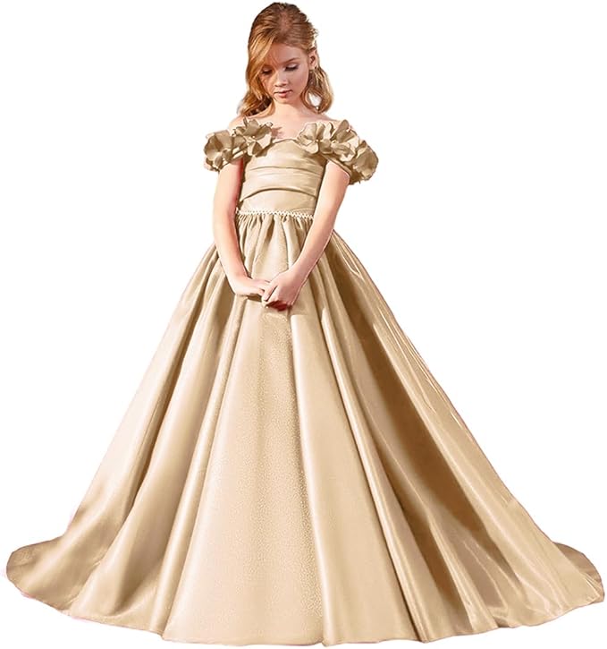 TinyTulle Fuchsia Pink Satin Flower Girl Dress with Off-Shoulder Floral Sleeves