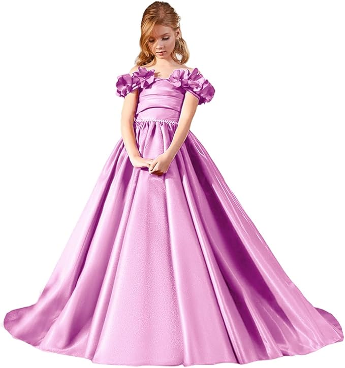 TinyTulle Fuchsia Pink Satin Flower Girl Dress with Off-Shoulder Floral Sleeves