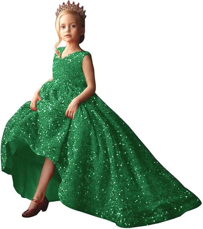 TinyTulle Glitter Sequin V-Neck Sleeveless Ball Gown Flower Girl Dress