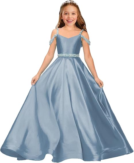 TinyTulle Satin Rhinestone Flower Girl Princess Gown for Weddings &amp; Pageant