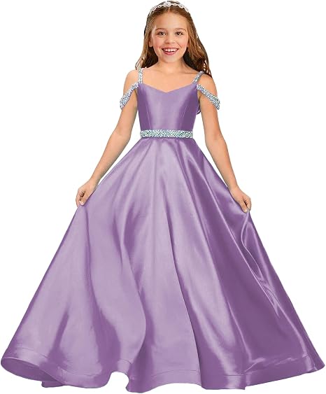 TinyTulle Satin Rhinestone Flower Girl Princess Gown for Weddings &amp; Pageant