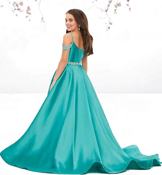 TinyTulle Satin Rhinestone Flower Girl Princess Gown for Weddings &amp; Pageant