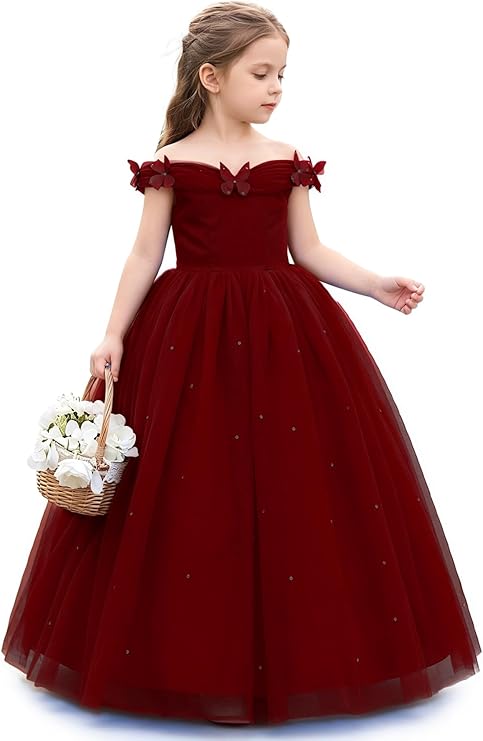 TinyTulle Princess Off-the-Shoulder Tulle Flower Girl Dress with 3D Butterflies