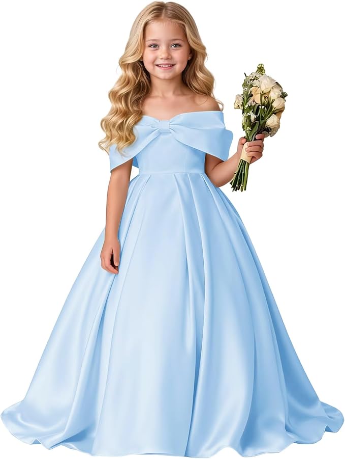 TinyTulle Elegant Off Shoulder Satin Princess Flower Girl Dress for Wedding